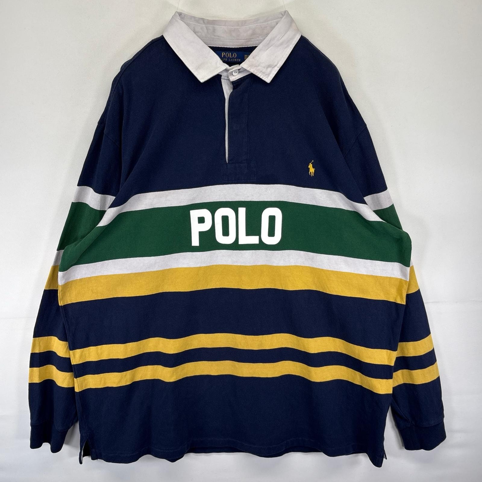 古着 ポロ・ラルフローレン POLO RALPH LAUREN 長袖シャツ ラガーシャツ ワンポイント ボーダー 3XLT  ネイビー系 ボーダー メンズ