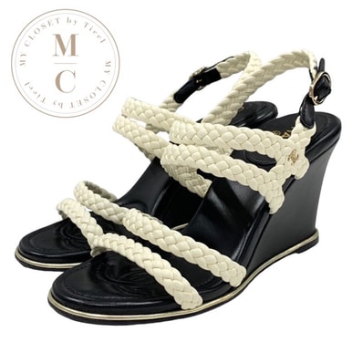 シャネル CHANEL サンダル 靴 シューズ ラムスキン ホワイト ブラック ココマーク 編み込み ウェッジソール