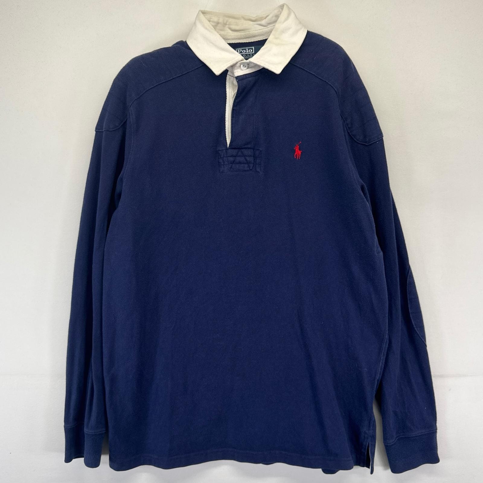 古着 ポロバイラルフローレン Polo by Ralph Lauren 長袖シャツ ワンポイントロゴ ラガーシャツ エルボーパッチ M  ネイビー系 メンズ