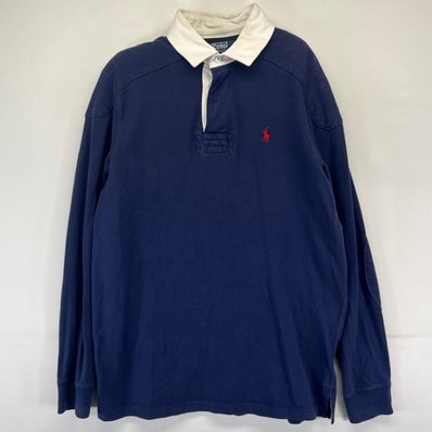 古着 ポロバイラルフローレン Polo by Ralph Lauren 長袖シャツ ワンポイントロゴ ラガーシャツ エルボーパッチ M ネイビー系 メンズ