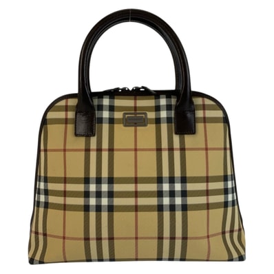 美品 BURBERRY バーバリー チェック柄 ベージュ ブラック PVC レザー/ ハンドバッグ 601286 【中古】