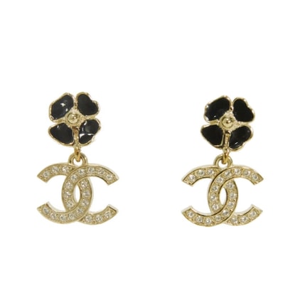 CHANEL シャネル カメリア ココマーク クリスタル スイング フラワー ストラス クリア ラインストーン スタッド I25P CC エナメル ブラック ピアス ABF378