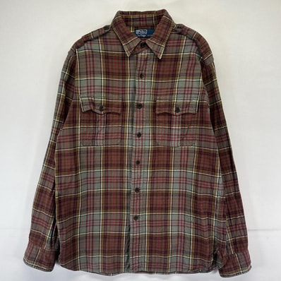 古着 ポロバイラルフローレン Polo by Ralph Lauren 長袖シャツ ネルシャツ ポケット エポレット付き M グリーン系 チェック メンズ