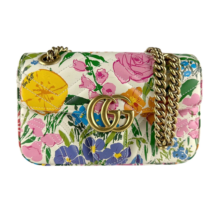 グッチ GUCCI ショルダーバッグ GGマーモント レザー ホワイト×マルチカラー レディース 446744【中古】 z8566