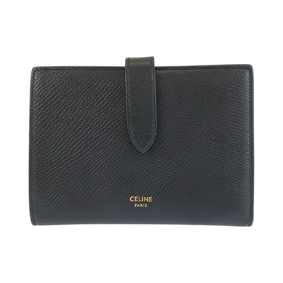 美品 CELINE セリーヌ ミディアムストラップウォレット ブラック 黒 レザー 折り財布 コンパクトウォレット 601552 【中古】