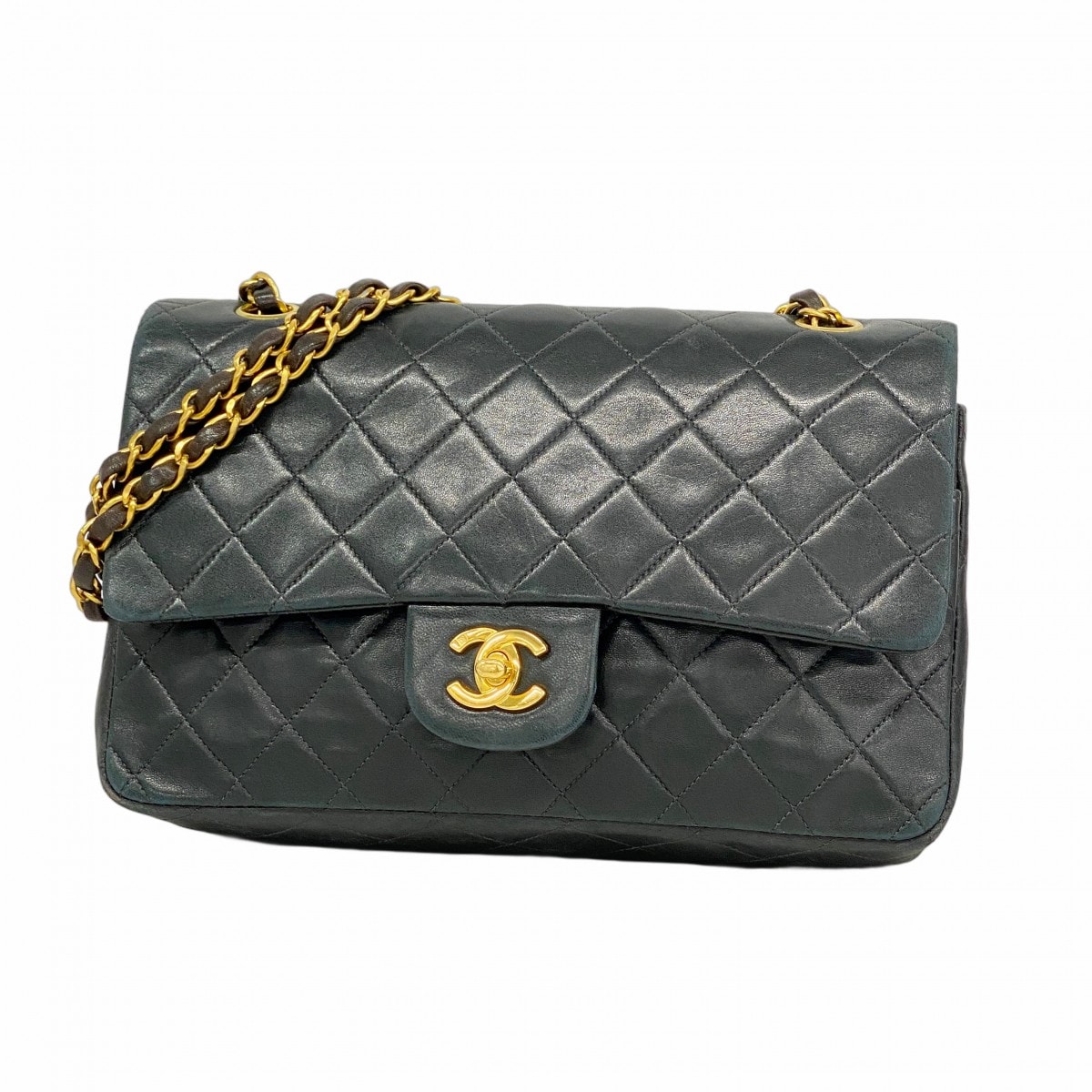 【6dc3221】シャネル ショルダーバッグ マトラッセ Wフラップ Wチェーン ラムスキン ブラック ゴールド金具【中古】レディース