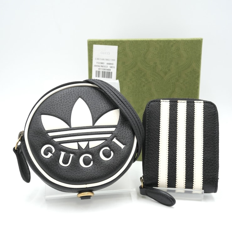 GUCCI(グッチ)adidas x Gucci アディダス コラボ トレフォイル ミニショルダーバッグ コインケース セット ブラック レザー ゴールド金具 721903【中古】