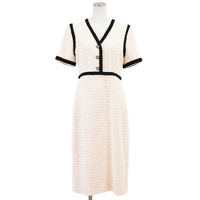 【未使用】 グッチ 2018年製 ツイード インターロッキング GG ワンピース レディース アイボリー ブラック 42 GUCCI