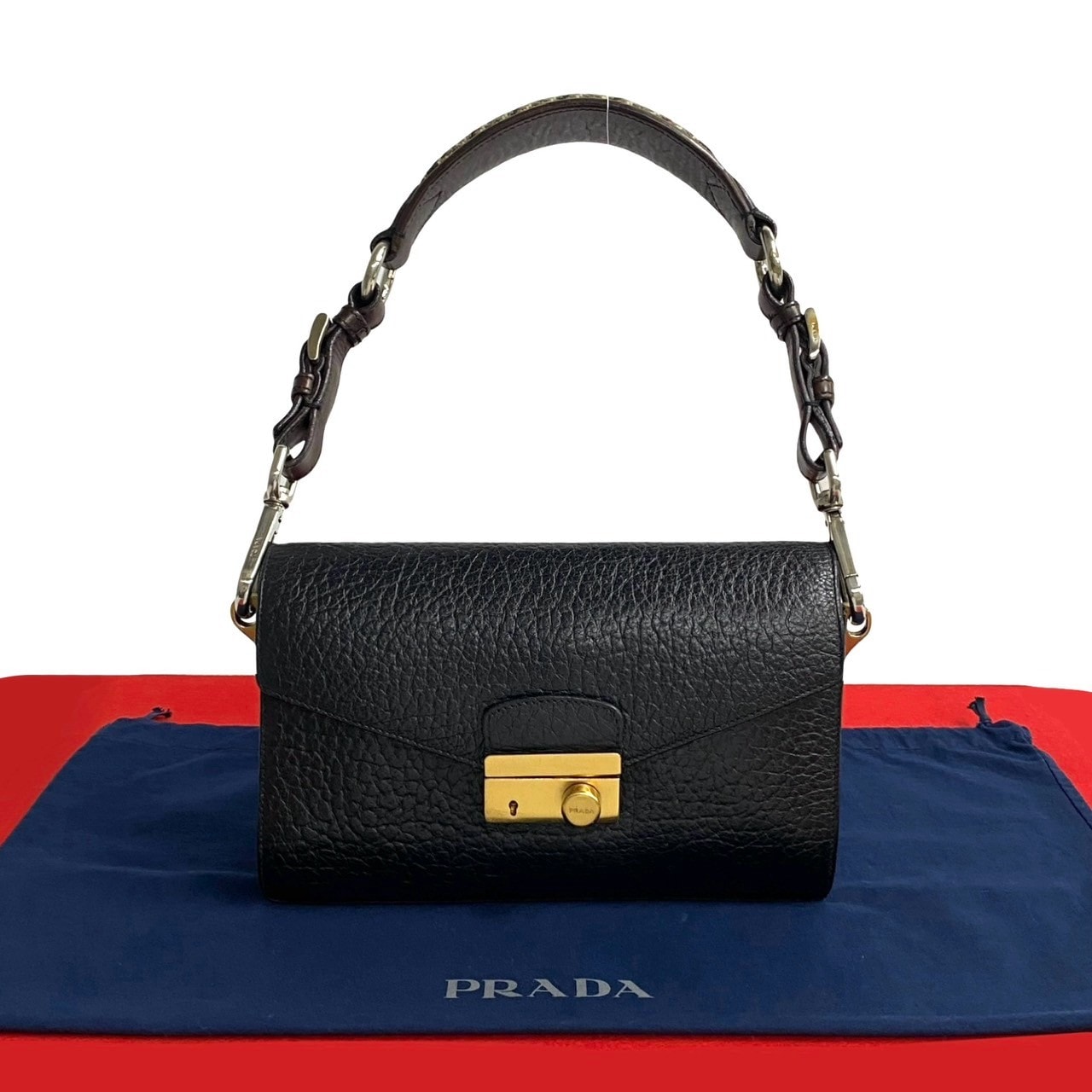 PRADA プラダ ロゴ 金具 レザー ツイード ショルダーバッグ ブラック
 43035