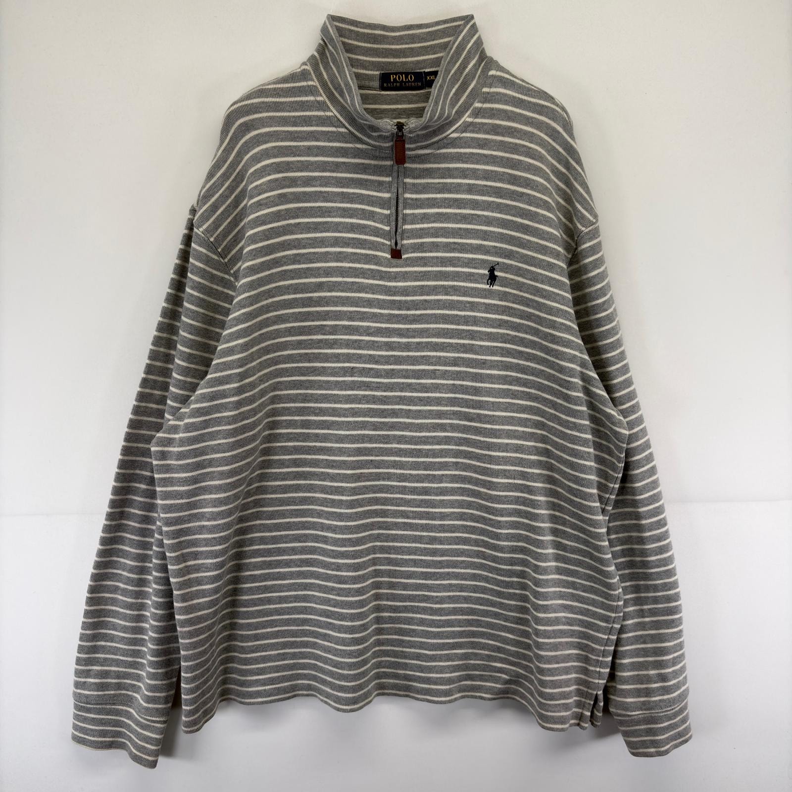 古着 ポロ・ラルフローレン POLO RALPH LAUREN スウェット ハーフジップ ワンポイント トレーナー ロゴ ボーダー 2XL  グレー系 メンズ