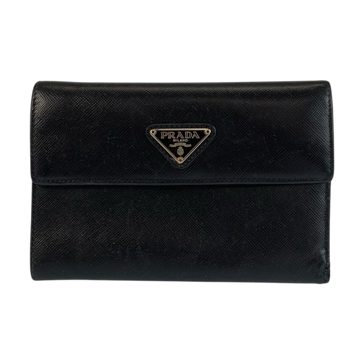 PRADA プラダ サフィアーノ 三角ロゴプレート ブラック 黒 シルバー金具 レザー 折財布 コンパクトウォレット 601087 【中古】