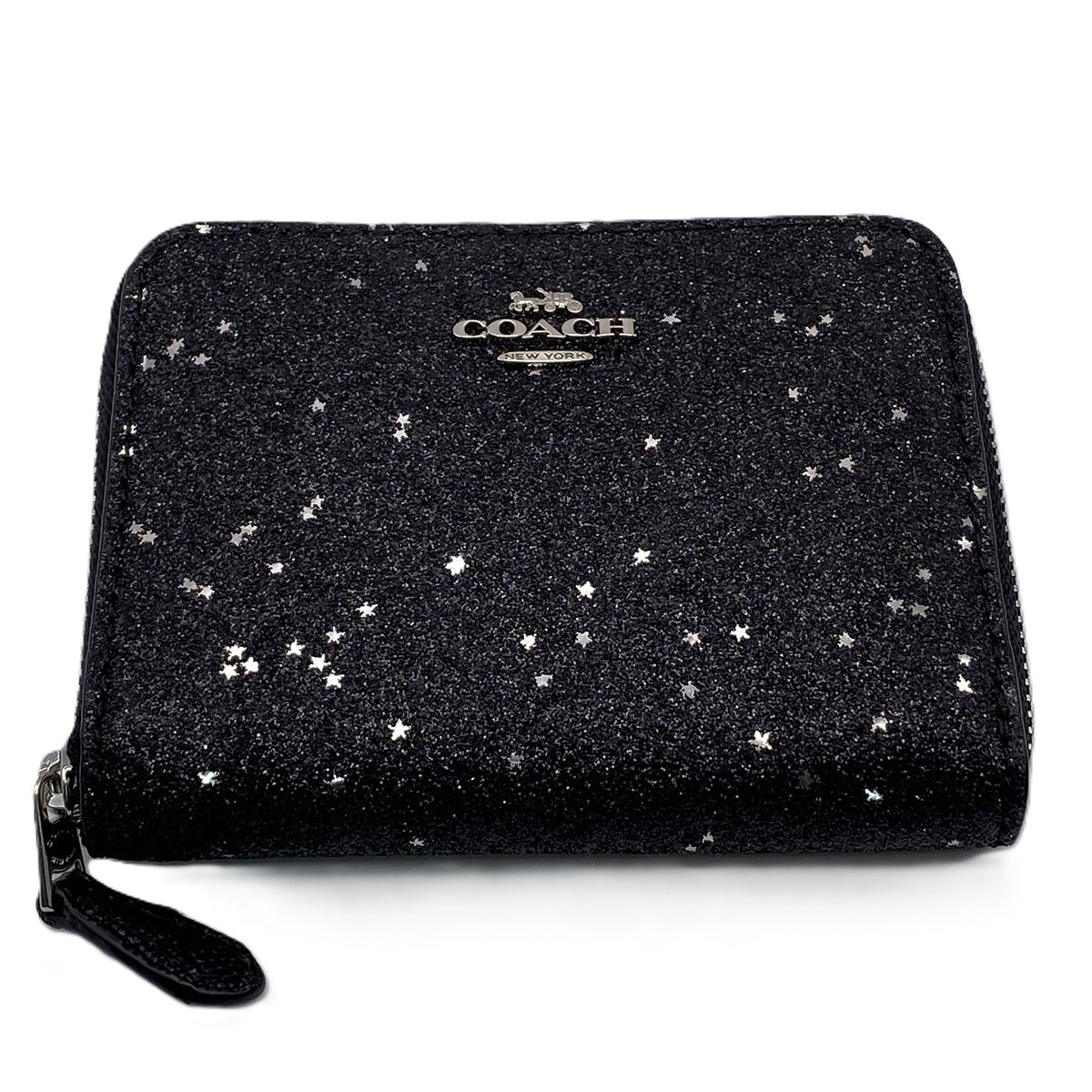 COACH コーチ Star Glitter Small Zip Around Wallet 二つ折り財布 F38693 レザー グリッターキャンバス ブラック レディース【中古】