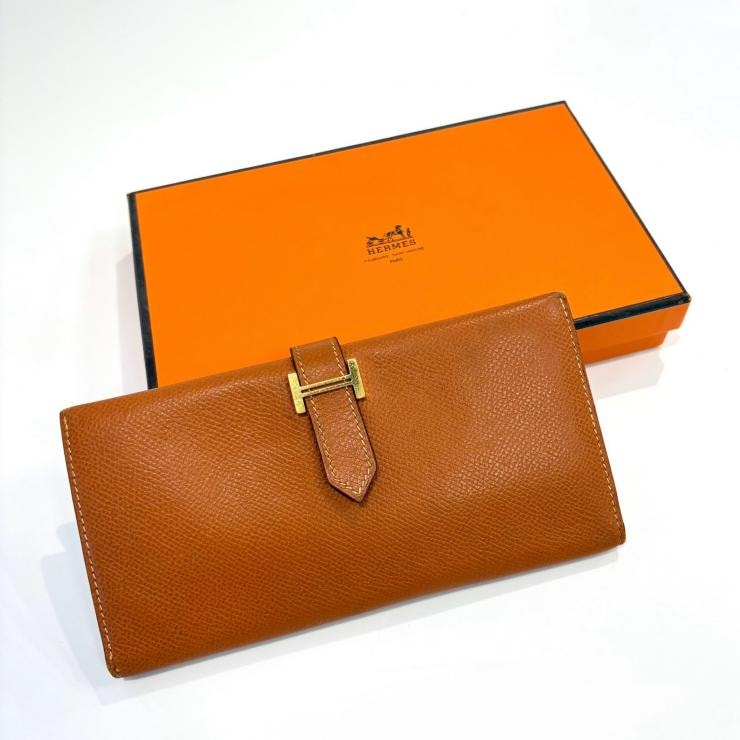 エルメス HERMES ベアン クラシック クシュベル キュイーブル □H刻印 ゴールド金具 長財布 オレンジ【鑑定済み】正規品