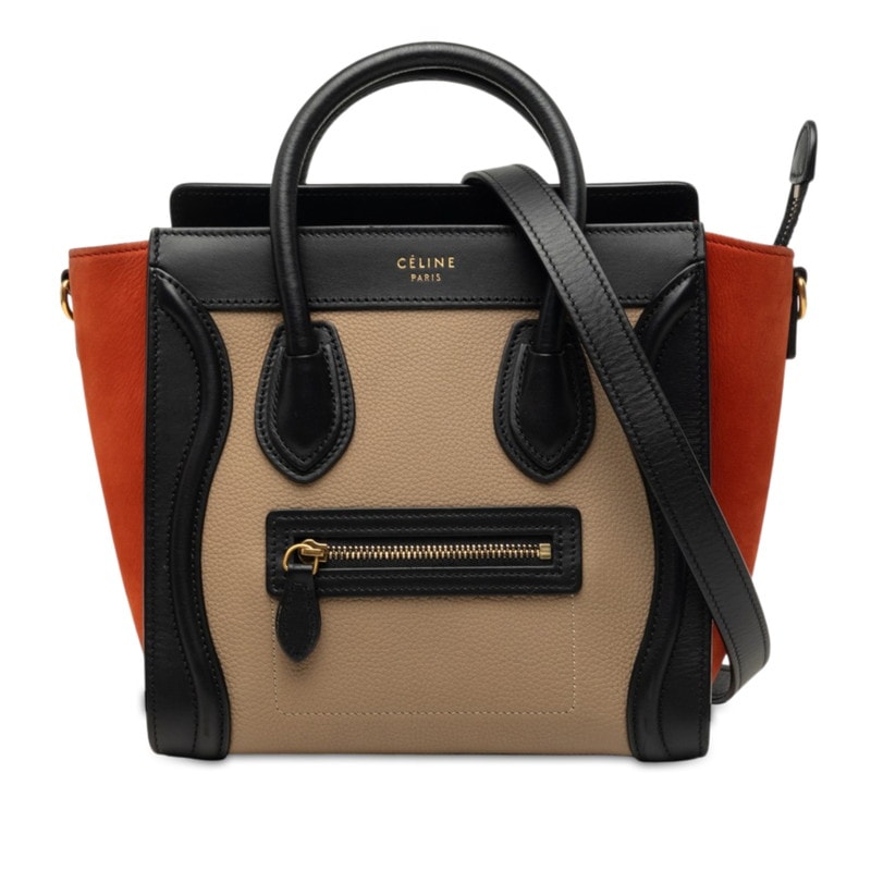 セリーヌ ラゲージ ナノ トリコロール ハンドバッグ ショルダーバッグ 2WAY ベージュ ブラック レッド系 レザー レディース CELINE 中古