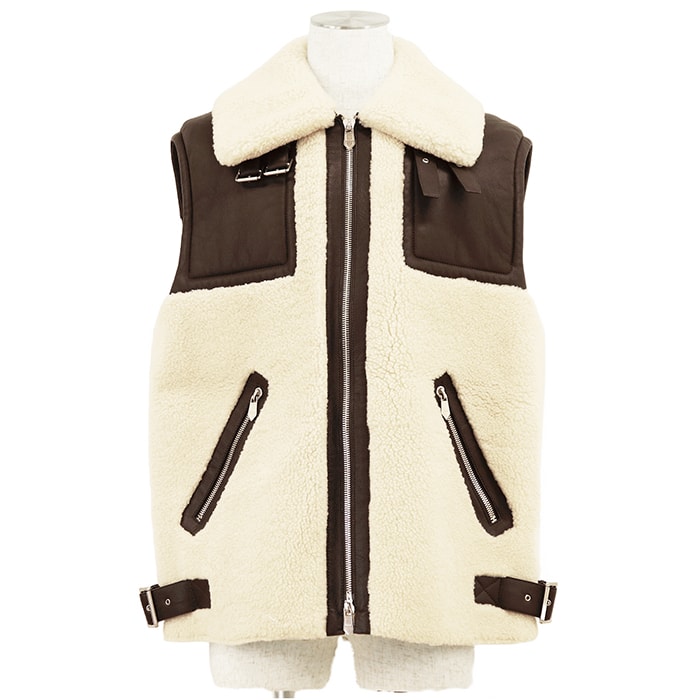 【美品】 エルメス 2023AW ムートン ボア ベスト メンズ アイボリー ブラウン 52 HERMES