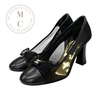シャネル CHANEL パンプス 靴 シューズ メッシュ レザー ブラック 黒 ココマーク リボン