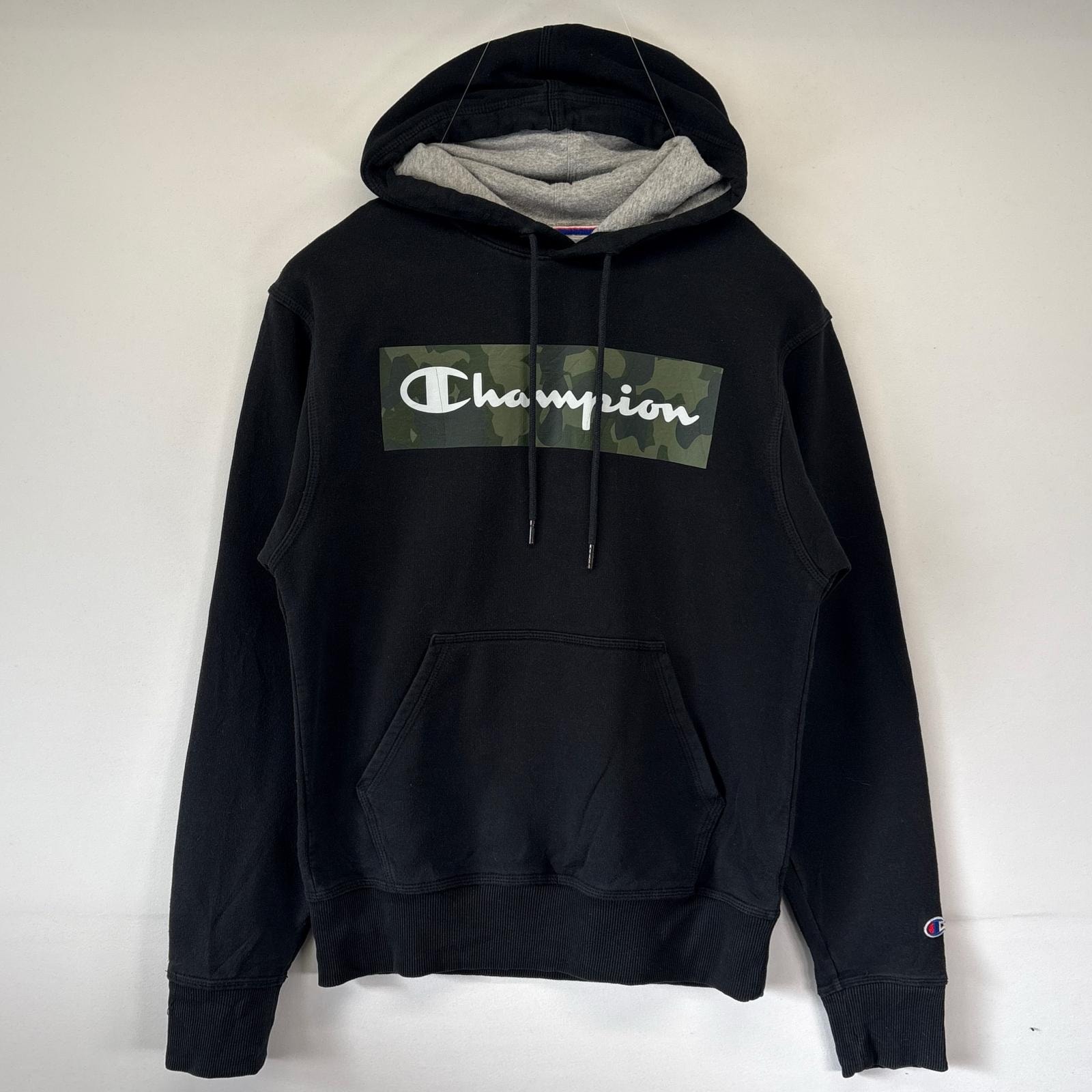 古着 チャンピオン Champion パーカー フーディー ビックロゴプリント スポーツ プルオーバー トレーナー S  ブラック メンズ