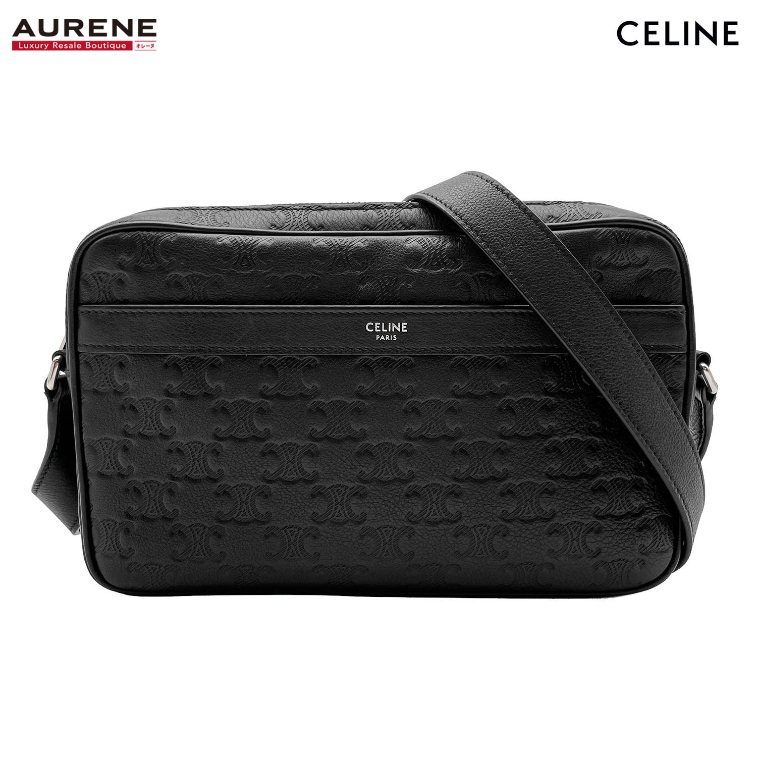CELINE セリーヌ ショルダーバッグ トリオンフ ミディアムメッセンジャー エンボス レザー ブラック ユニセックス 【中古】