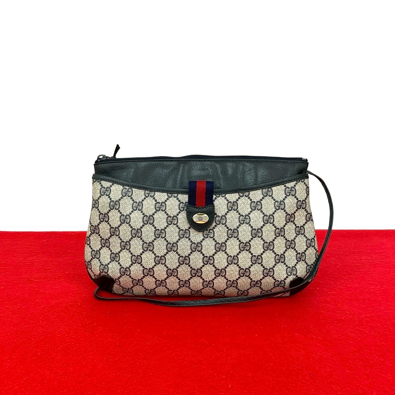 GUCCI グッチ シェリーライン GG ロゴ 金具 レザー PVC ショルダーバッグ ネイビー
207-2