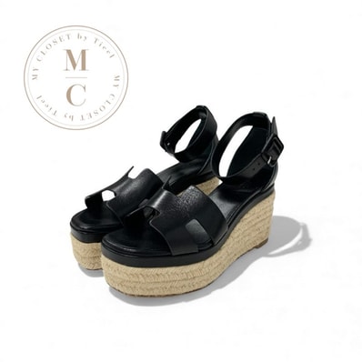 エルメス HERMES エルダ サンダル 靴 シューズ レザー ブラック ウェッジソール ストラップ