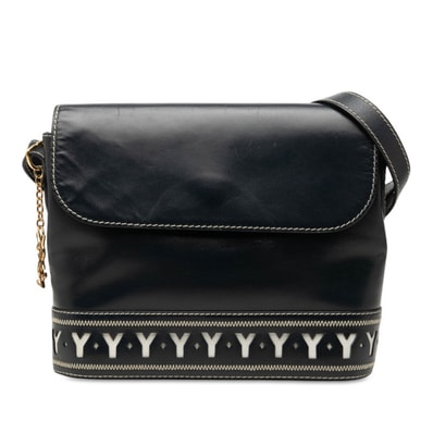 サンローラン ヴィンテージ Yカット 斜めかけ ショルダーバッグ ネイビー ホワイト レザー レディース SAINT LAURENT 中古