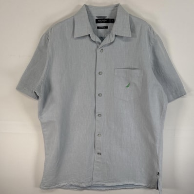 古着 ノーティカ NAUTICA 半袖シャツ ラミーシャツ ロゴ 刺繍 胸ポケ M 水色 無地 メンズ