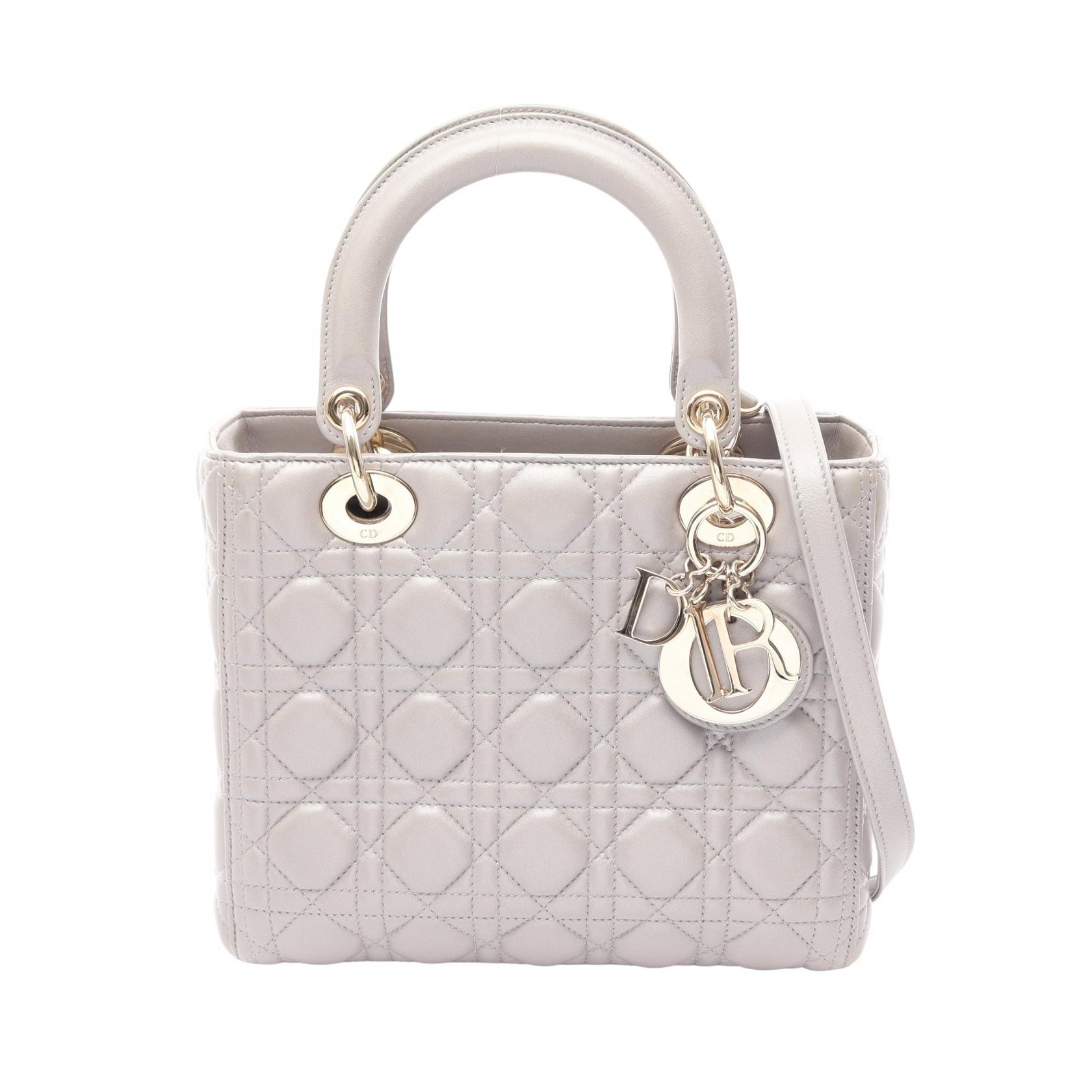 ディオール Dior LADY DIOR レディディオール カナージュ 2WAY ハンドバッグ バッグ レザー レディース グレー系 【中古】