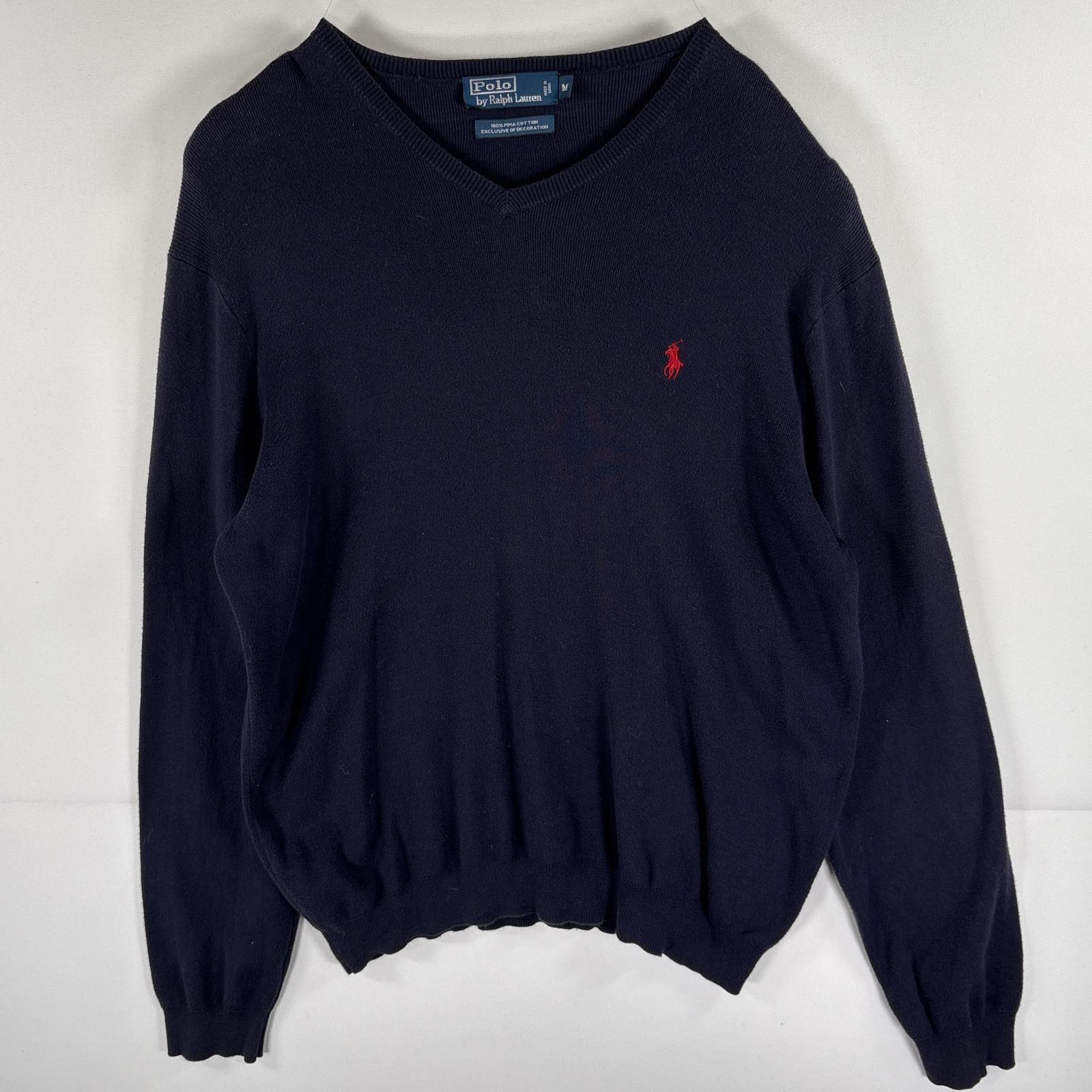 古着 ポロバイラルフローレン Polo by Ralph Lauren コットンニットセーター Vネック ワンポイントロゴ刺繍 M  ネイビー メンズ