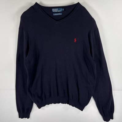 古着 ポロバイラルフローレン Polo by Ralph Lauren コットンニットセーター Vネック ワンポイントロゴ刺繍 M ネイビー メンズ