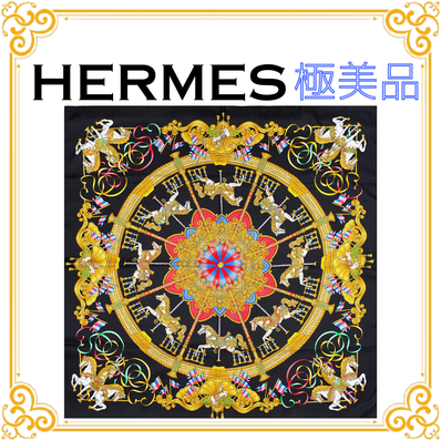 ■極美品■ HERMES エルメス カレ90 LUNA PARK 遊園地 レディース スカーフ ブラック 黒 ストール ショール 大判 シルク マルチカラー 総柄