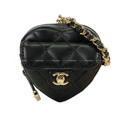 2025年秋冬 CHANEL シャネル バッグチャーム マトラッセ ココマーク ミニ ハート チェーン 黒 (ブラック) ラムスキン シャンパンゴールド金具 AP4838 新品