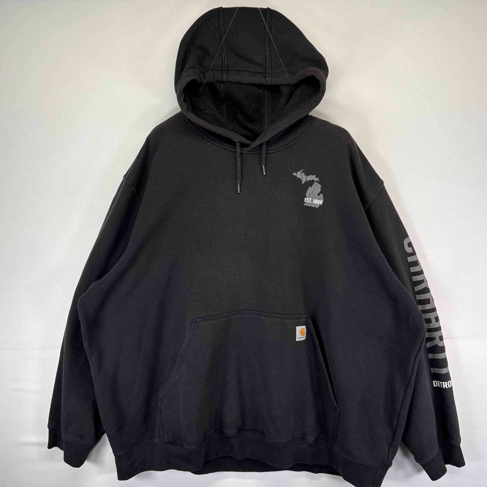 古着 カーハート Carhartt パーカー スウェット プルオーバー ワンポイント 大きいサイズ 袖ロゴプリント 4XL ブラック メンズ