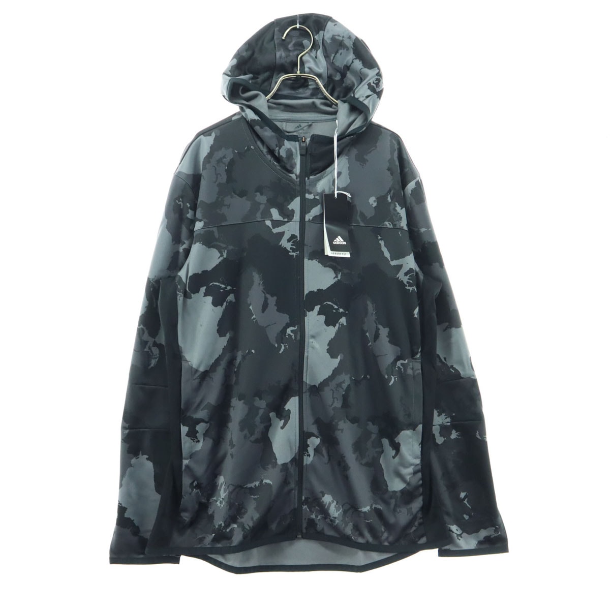 未使用 adidas アディダス 迷彩柄 長袖 ウインドブレーカー XO グレー フーディー ジップポケット