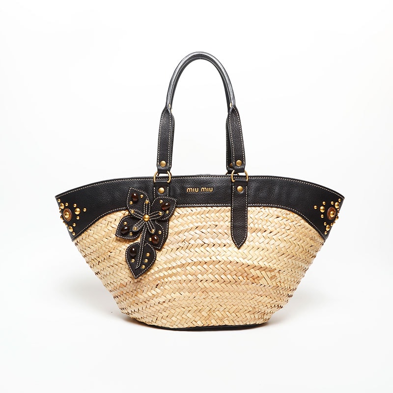ミュウ ミュウ Miu Miu カゴバッグ レザー ラフィア バスケット ショルダーバッグ【中古】