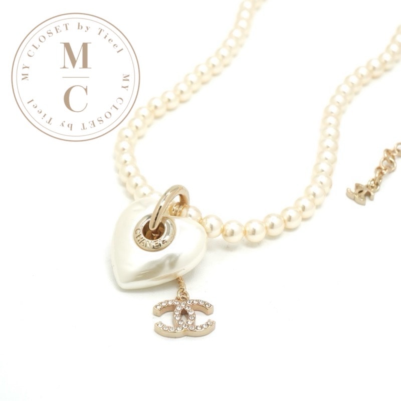 シャネル CHANEL ネックレス ペンダント チョーカー ホワイト ゴールド ココマーク ハート ラインストーン