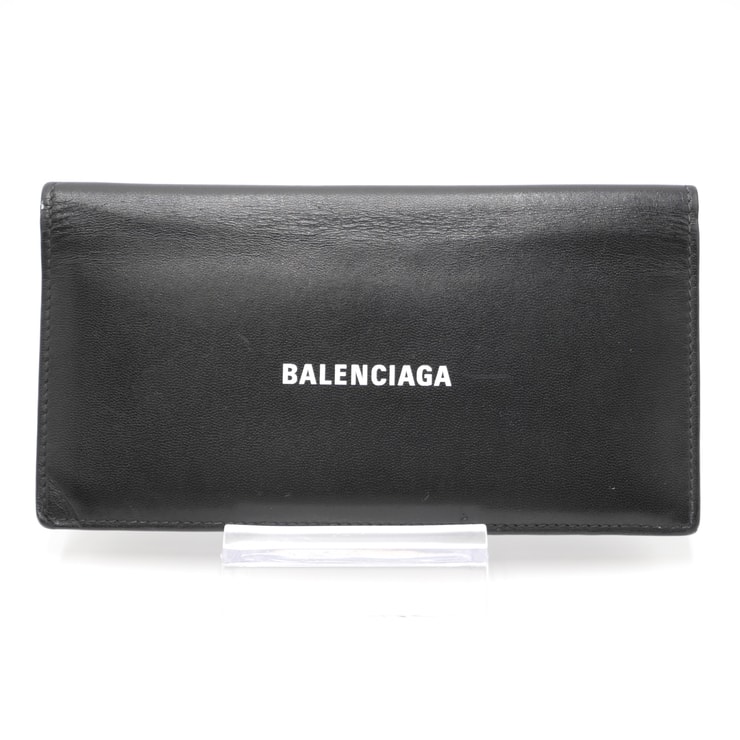 BALENCIAGA(バレンシアガ)ロゴプリント 二つ折り長財布 ブラック レザー ロングウォレット 札入れ カードケース 小銭入れ ファスナー シルバー金具 メンズ レディース ユニセックス【中古】