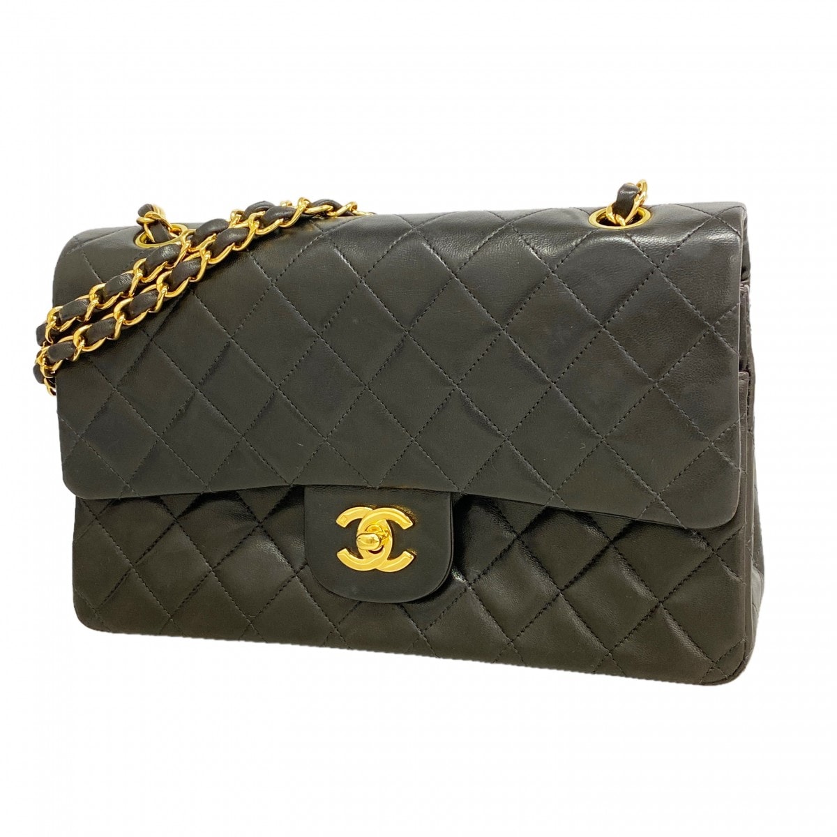 ★SALE【6gc3356】シャネル ショルダーバッグ マトラッセ Wフラップ Wチェーン ラムスキン ブラック ゴールド金具【中古】レディース
