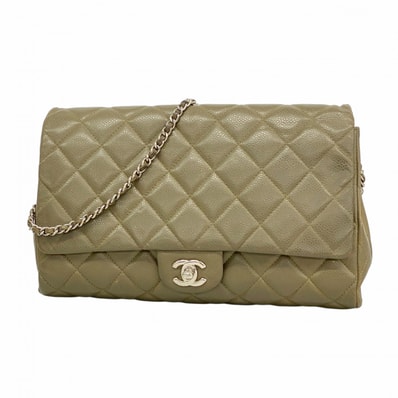【6da0379-k】シャネル ショルダーバッグ マトラッセ チェーンショルダー キャビアスキン カーキブラウン シルバー金具【中古】レディース