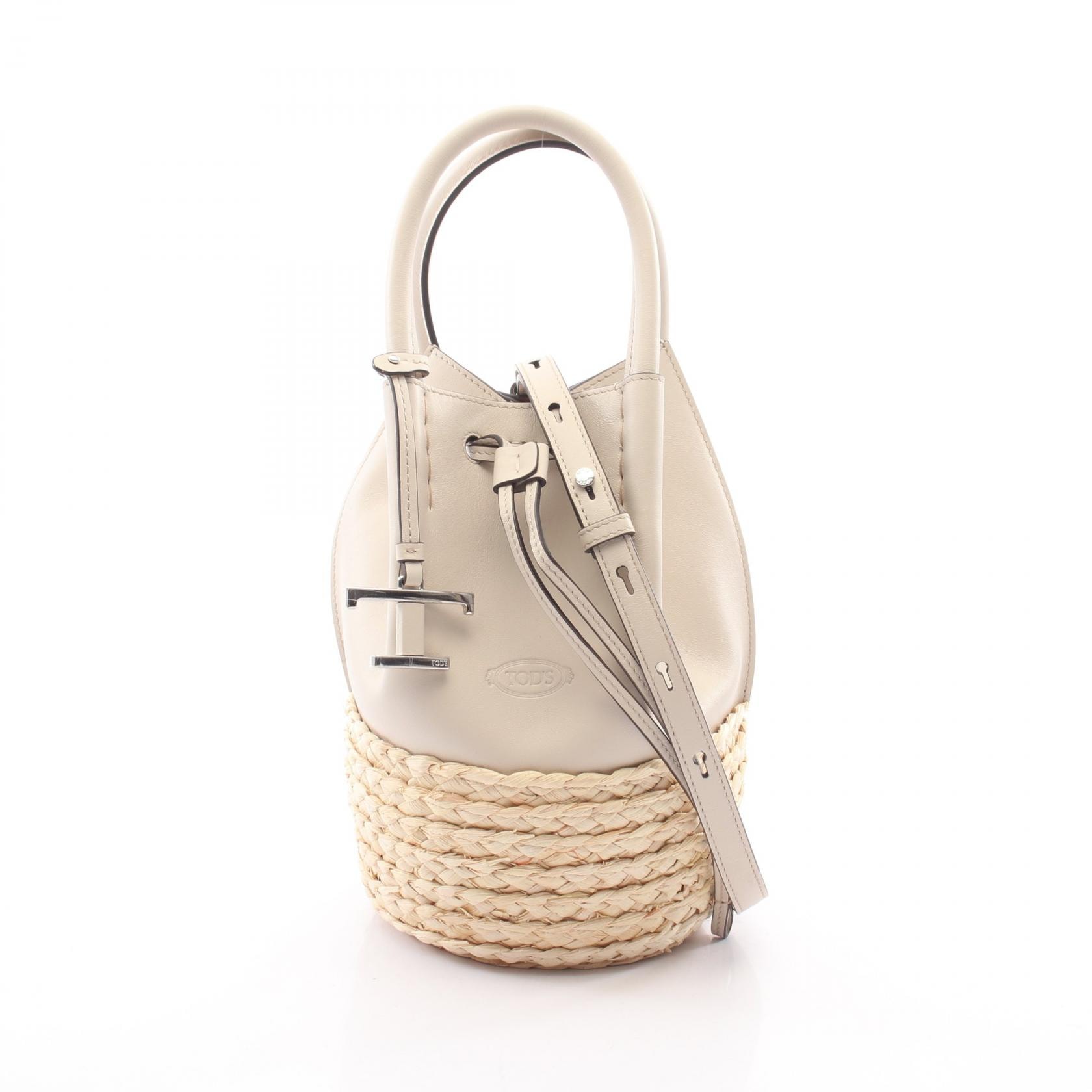 トッズ TOD'S Tタイムレス バケットバッグ 2WAY ハンドバッグ バッグ レザー ストロー レディース グレー系 / アイボリー系 【中古】