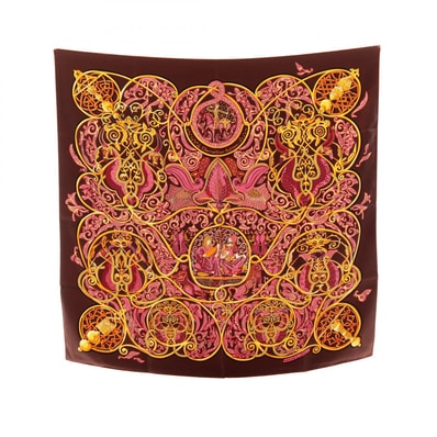 エルメス HERMES カレ90 La Charmante aux Animaux スカーフ 衣料品 シルク シルク レディース ブラウン系 / マルチカラー 【中古】