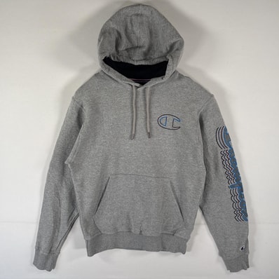 古着 チャンピオン Champion パーカー スウェット 袖口プリント ワンポイントロゴ プルオーバー フーディ S グレー メンズ