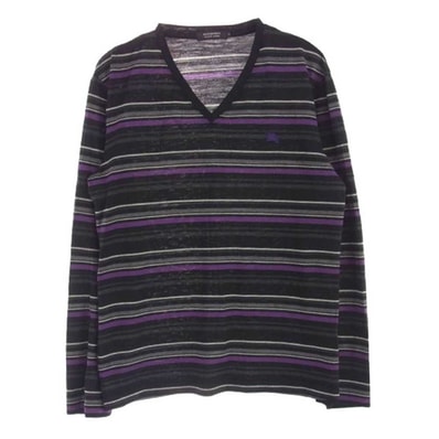 BURBERRY BLACK LABEL バーバリーブラックレーベル ニット BMW22-118-09 Vネック ウール ボーダー ニット ブラック系 パープル系 2【中古】