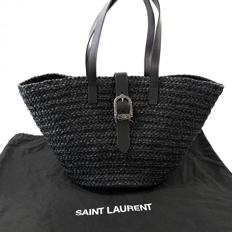サンローラン ラフィア トートバッグ ブラック シルバー金具 ベルト バスケット カゴバッグ SAINT LAURENT 正規品【鑑定済み】
