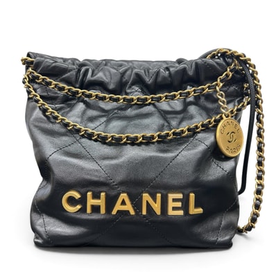 CHANEL 極美品 シャネル22 2way ミニハンドバッグ チェーンショルダーバッグ AS3980 カーフスキン レザー ブラック ゴールド金具 ホーボーバッグ ポシェット 巾着 ココマーク Aランク 鑑定済 中古 シャネルバッグ