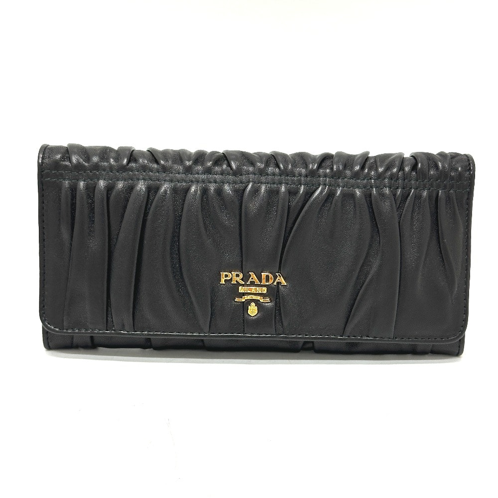 プラダ PRADA ロゴ ギャザー 1M1132 2つ折り 長財布 レザー ブラック 美品