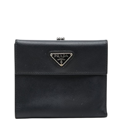 プラダ 三角ロゴプレート サフィアーノ がま口 ニつ折り財布 ブラック レザー レディース PRADA 【中古】