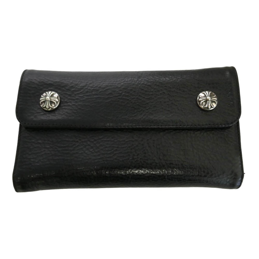 CHROME HEARTS クロムハーツ(原本無) WAVE CROSS BALL ヘビーレザー ウェーブ クロスボール ボタンレザー ウォレット 長財布 ブラック系【中古】