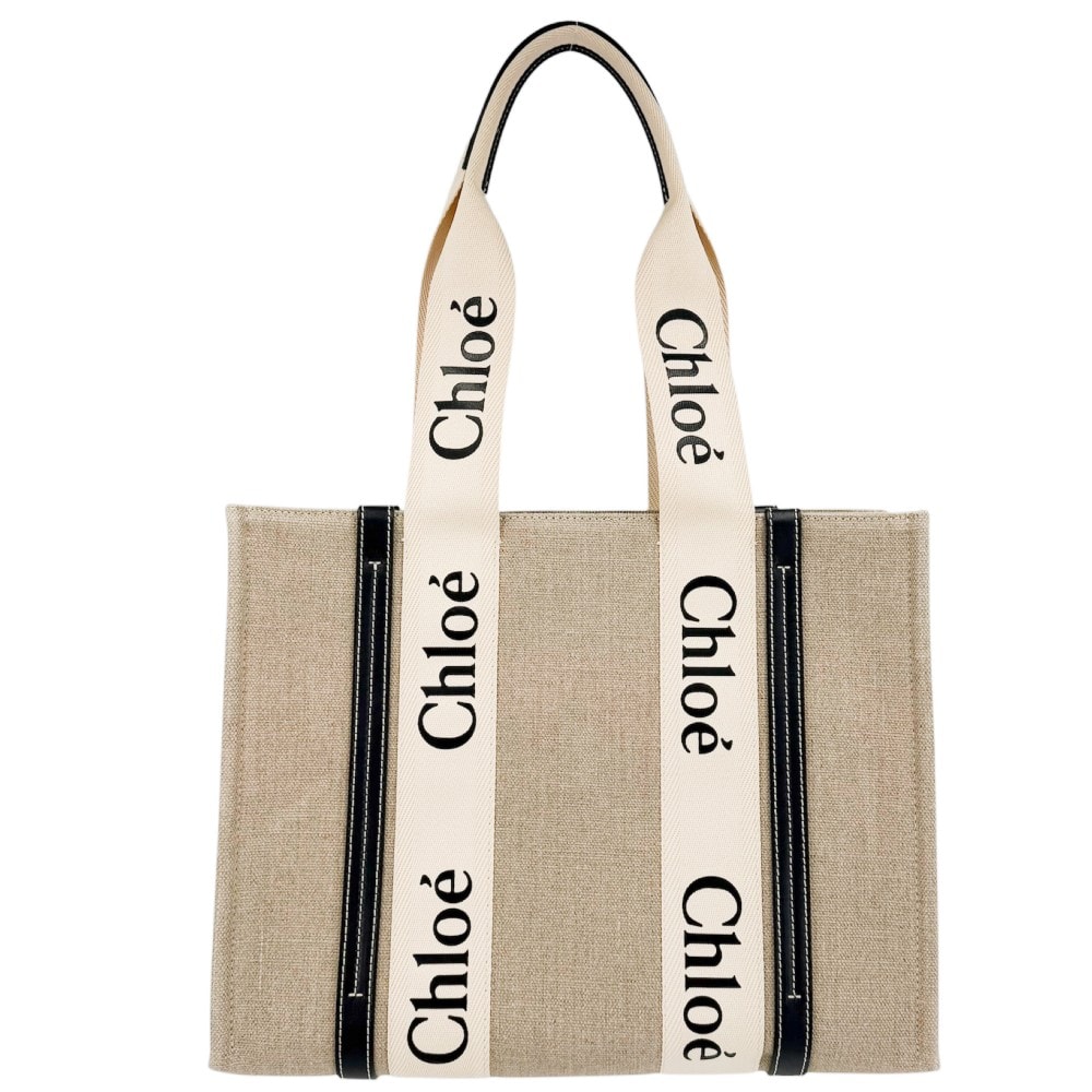Chloe クロエ ハンドバッグ ウッディ ミディアムトートバッグ 肩掛け WOODY CHC22AS383I269101 リネンキャンバス カーフスキン ベージュ ブラック 黒 レディース【中古品】