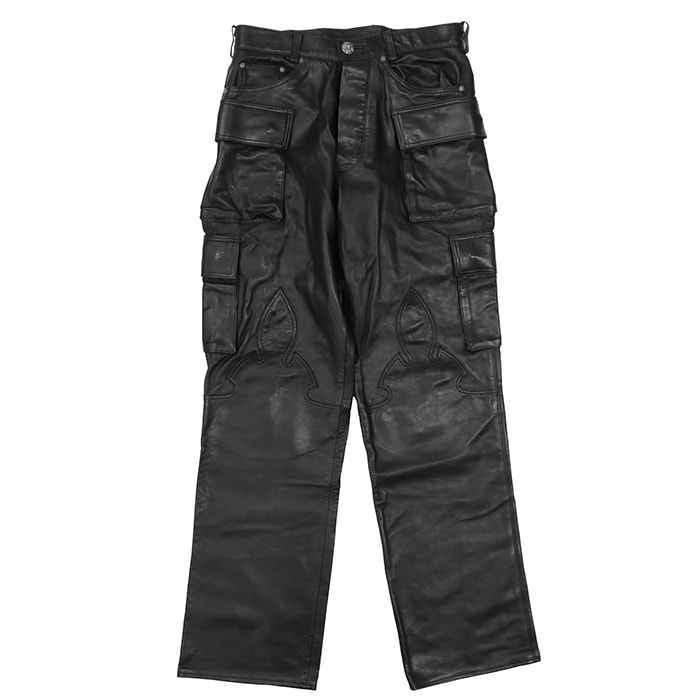 【美品】CHROME HEARTS クロムハーツ レザーパンツ サイズ 30 メンズ セメタリークロス  フレアニー ボタンフライ ボトムス ブラック 黒 アメリカ製