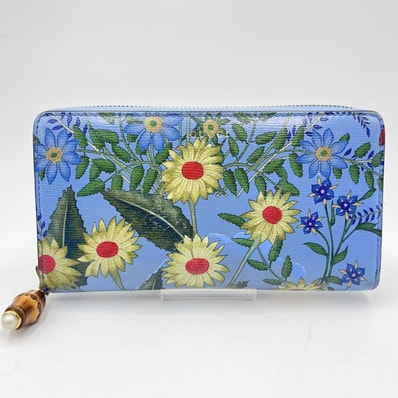 GUCCI(グッチ)ニューフローラ ジップアラウンドウォレット 長財布 フラワープリント ブルー レザー バンブータッセル 453158【中古】